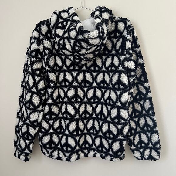 Pacsun Women's White & Black Peace Sign Print Full Zip Sherpa Hoodie Jacket S - Picture 3 of 10